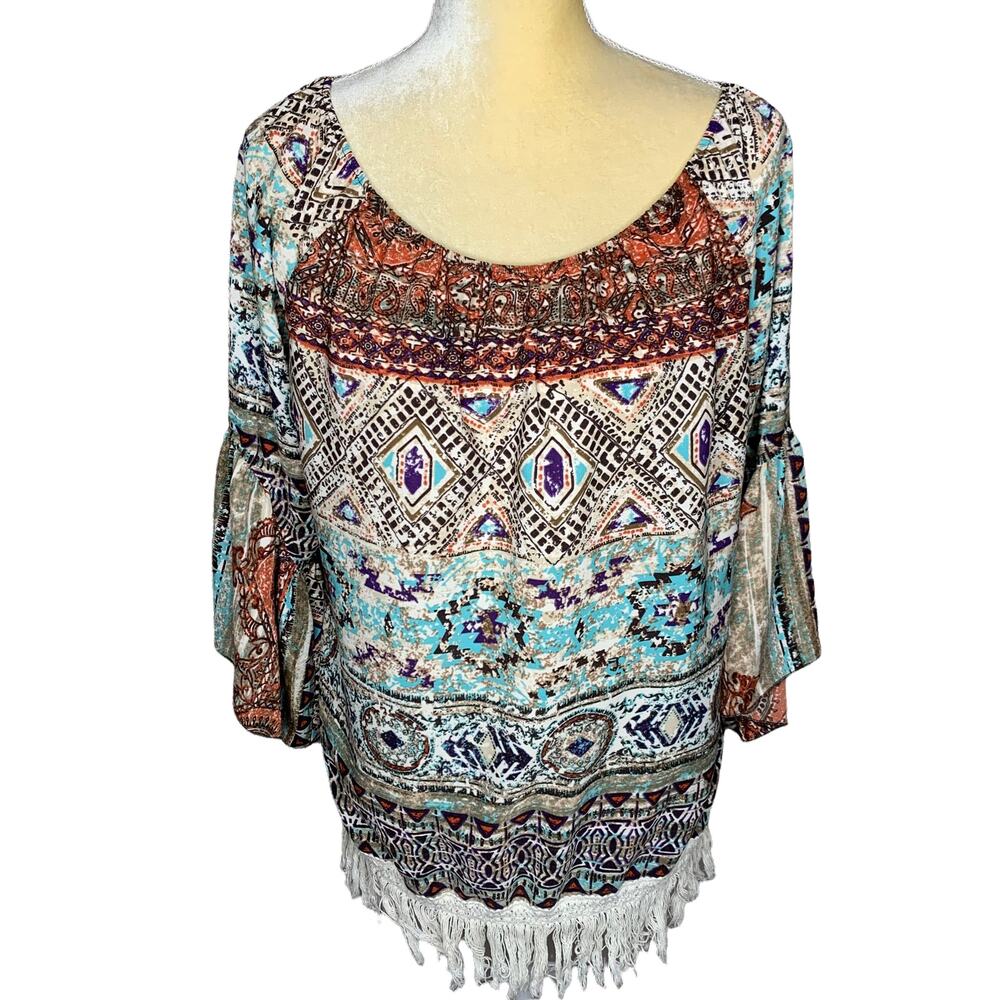 Ali Miles Artsy Boxy Peasant Top Blouse with Fringe EUC Size Large